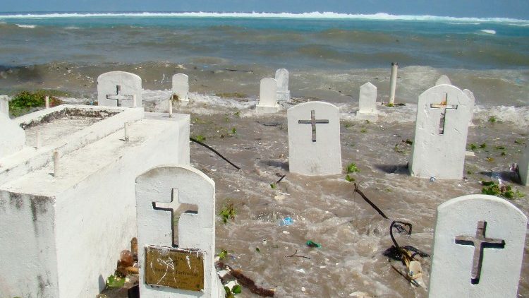 A cemetery in low-lying Marshall Islands being flooded by high tides