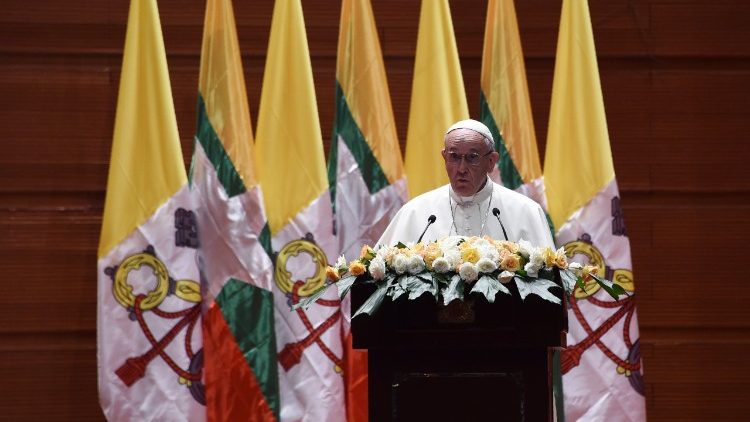 Pope addressing authorities, civil society and diplomatic corps in Nay Pyi Taw, Myanmar, Nov. 28, 2017.