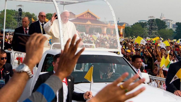 Pope Francis arrives to celebrate Mass in Yangon