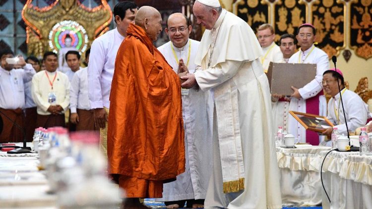 Pope Francis meeting with Buddhist monks in Yangon, Myanmar, Nov. 29 2017..