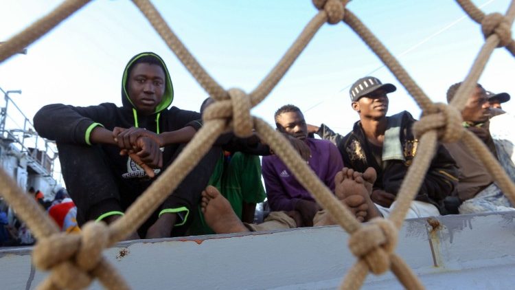 Rescued illegal migrants at a navel base in Tripoli, Libya. 