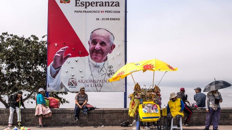 Banners welcoming Pope Francis to Peru - the second leg of his apostolic journey - are seen in Lima