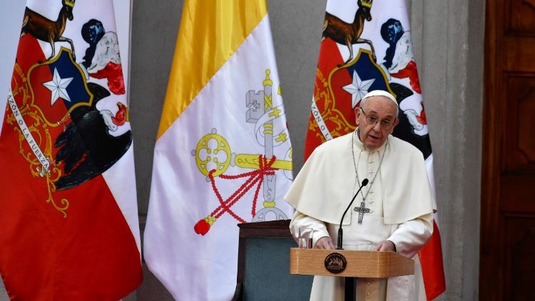 Pope Francis addresses political authorities and the Moneda Palace in Santiago