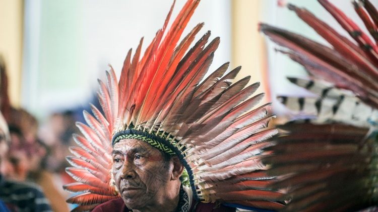 Member of indigenous Amazonian community during Pope Francis' visit to Puerto Maldonado