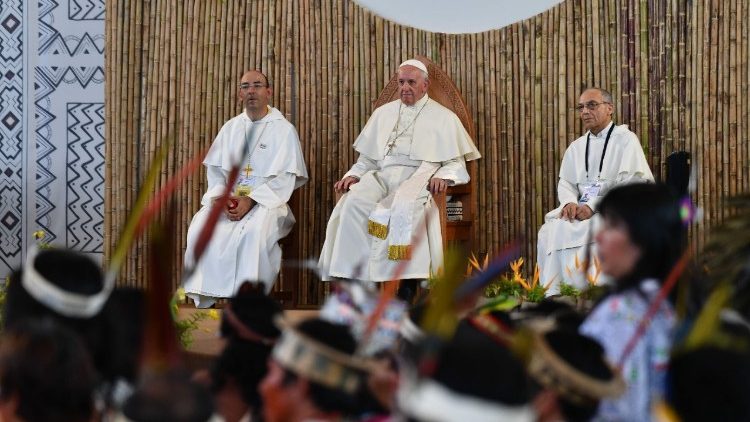 Pope Francis meets with representatives of the Amazon basin's indigenous communities in Puerto Maldonado