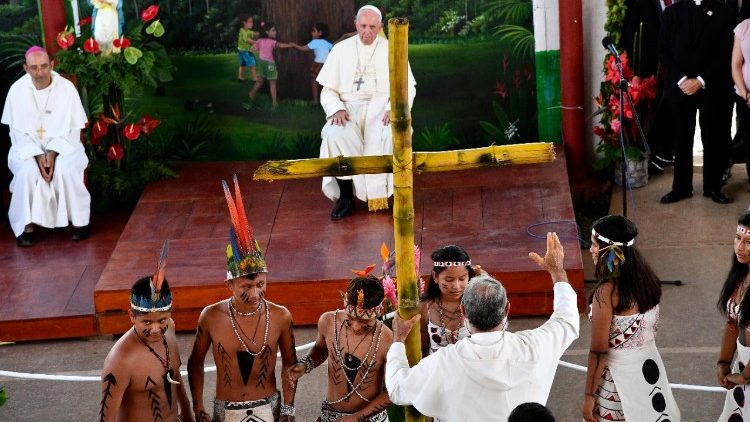 Pope Francis being felicitated by indigenous people in Puerto Maldonado, Peru, on January 19, 2018.
