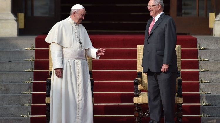 Pope Francis with the President of Peru during his meeting with authorities