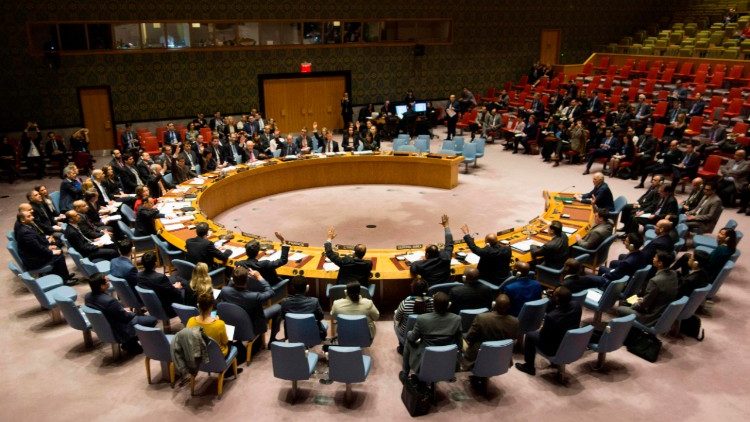 United Nations Security Council adopting a resolution in favour of a 30-day cease-fire in Syria.
