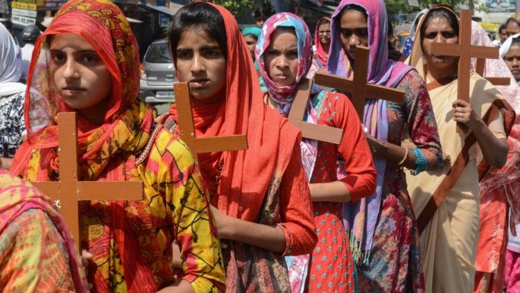 Indian Christians participating in a Holy Week service.  