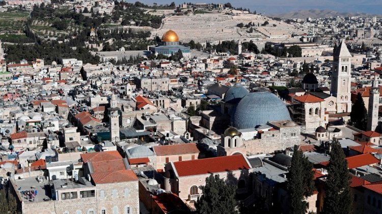Old City of Jerusalem with the Holy Sepulchre, the Dome of the Rock, and the Mount of Olives