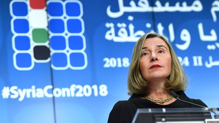 Federica Mogherini, cheffe de la diplomatie européenne à la conférence des donateurs pour la Syrie, organisée par l'Union européenne et les Nations unies, les 24 et 25 avril 2018 à Bruxelles.