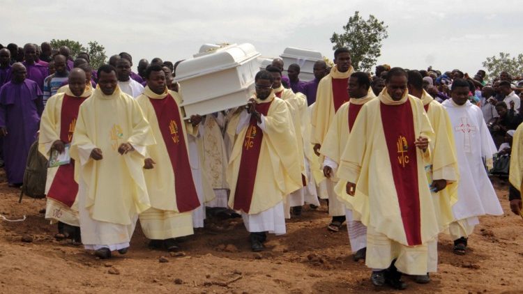 The funeral of 2 priests allegedly killed - together with 17 parishioners - by Fulani herdsman in Gwer East district of Benue State in April