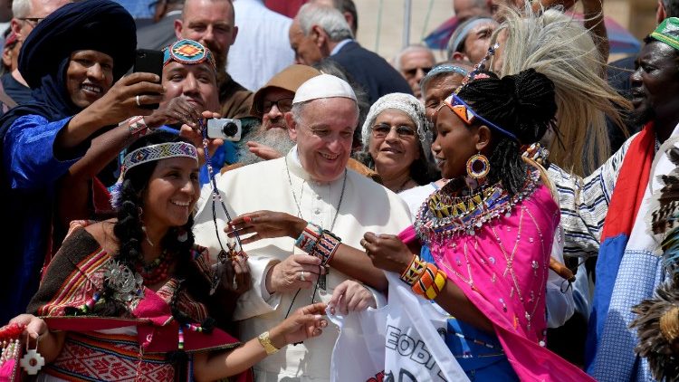 Pope Francis with indigenous people in the Vatican on May 30, 2018.