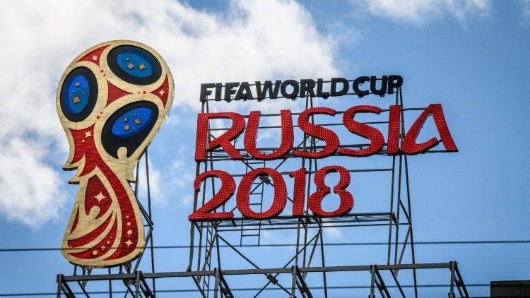 The 2018 FIFA World Cup logo on a building in Moscow