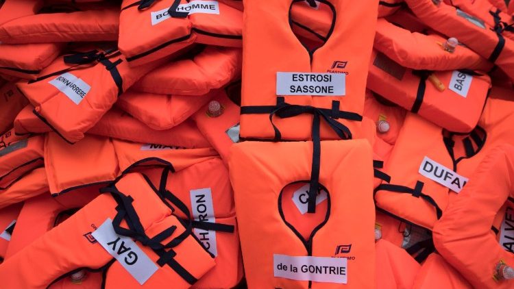 Lifejackets worn by migrants during dangerous crossings in the Mediterranean 