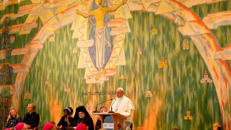 Pope Francis takes part in an ecumenical meeting at the WCC in Geneva