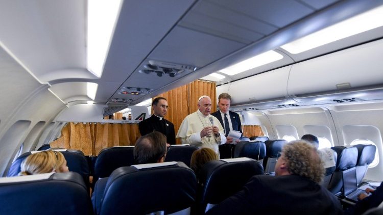 Pope Francis fields questions from journalists on board the return flight from Geneva to Rome.