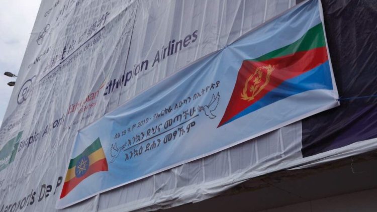 A banner of welcome to the Eritrean delegation in Addis Ababa