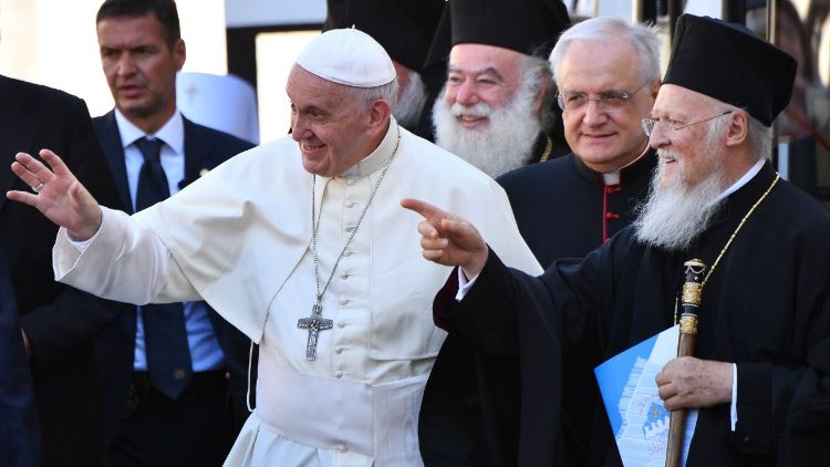 Pope Francis and other Christian leaders during a Ecumenical Prayer for Peace event in Bari