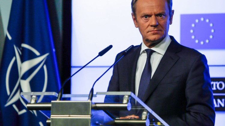 European Council President Donald Tusk holds a press conference on the eve of the NATO summit 