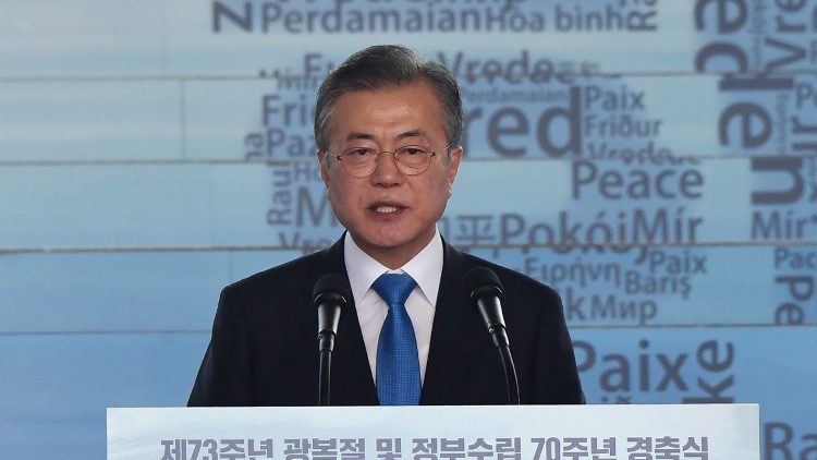 Südkoreas Präsident Moon Jae-in bei seiner Ansprache am 15. August 2018