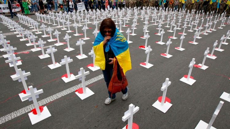 Rugpjūčio 29 dienos akcijoje Kijeve prie Rusijos ambasados buvo prisiminti per keturius metus žuvę kariai ukrainiečiai
