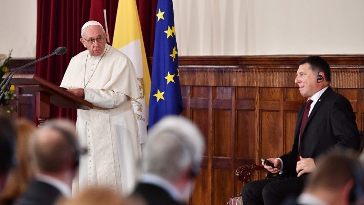 Pope Francis meets with Latvia’s state and civil authorities, and members of the diplomatic Corps at the Presidential Palace in Riga.