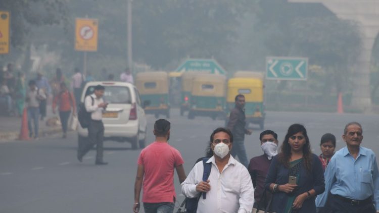 Heavy smog covering New Delhi, India.