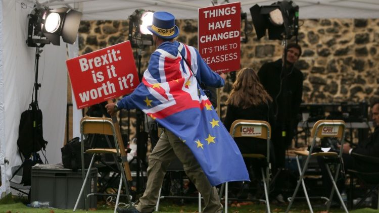 Anti-Brexit campaigner on College Green, near the Houses of Parliament