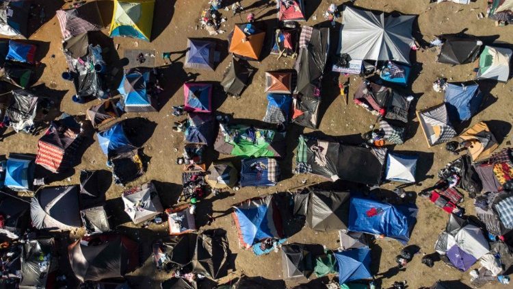 Aerial view of temporary housing for Central American migrants now in Tijuana in the Mexican state of Baja California