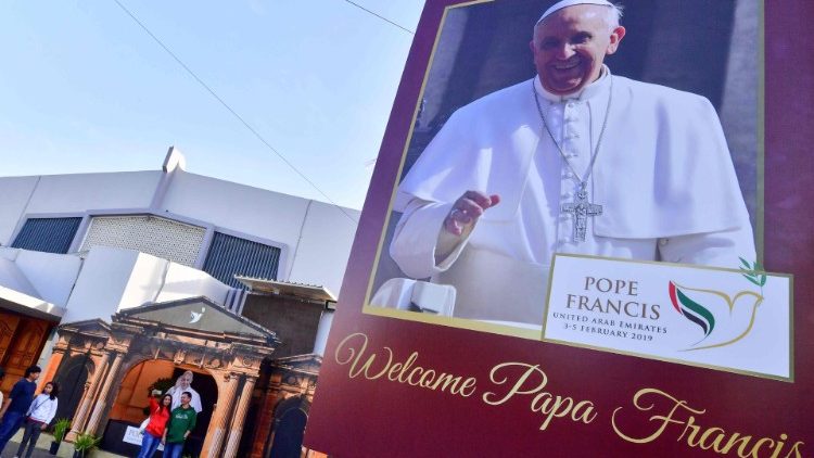 A poster of Pope Francis at St. Mary's Catholic Church in Dubai ahead of his Feb. 3-5 apostolic visit to the UAE.