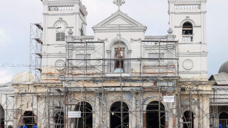 Scaffolding surrounds St. Anthony's Shrine in Colombo, two weeks after deadly terrorist attacks
