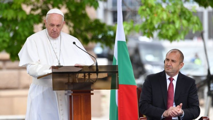Pope Francis delivering his first speech in Bulgaria