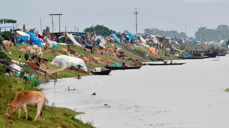 Flood affected villagers in north-east India's Assam state take shelter on an embankment.
