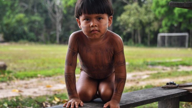 An indigenous child of the Amazon region of Brazil poses
