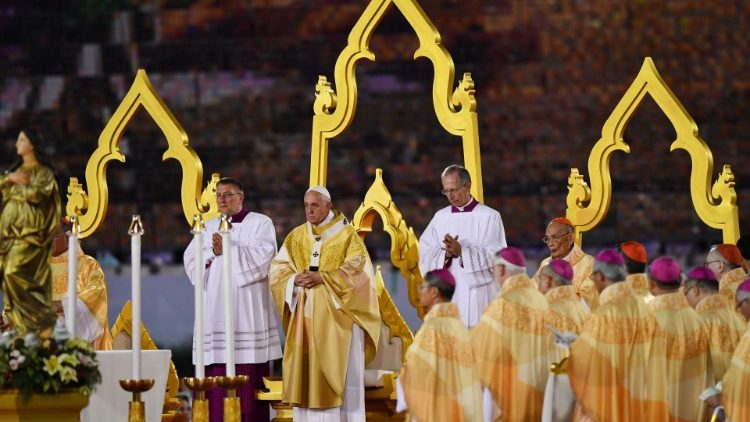 Pope Francis celebrating his first public Mass in Thailand. 