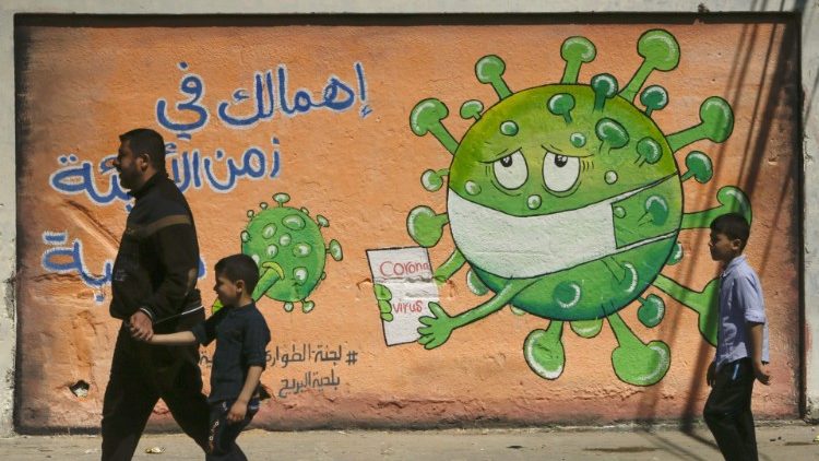 Mural del coronavirus en Gaza, Palestina.