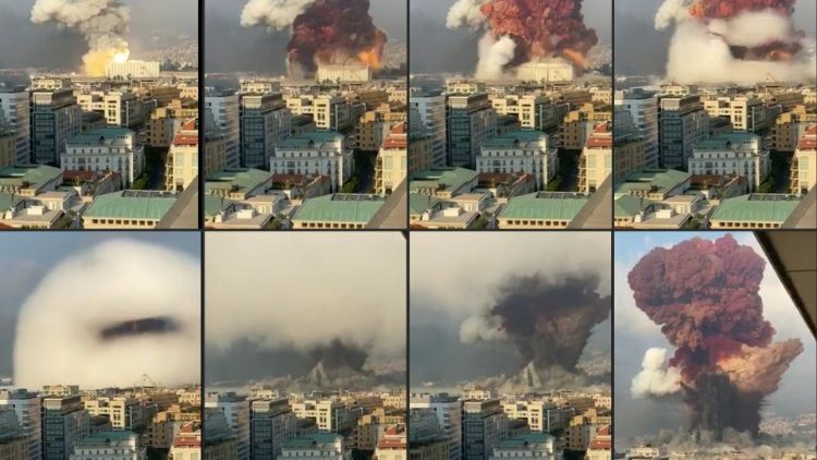 Eine Bildercombo des Brandes und der daran anschließenden Explosionen im Hafen von Beirut