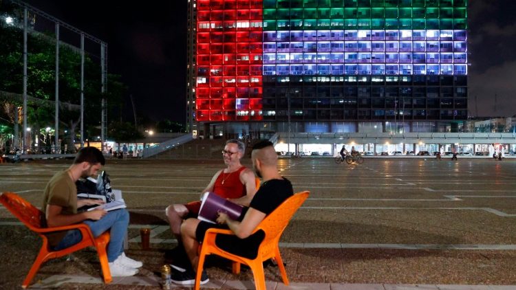 The city hall in Tel Aviv is lit up in the colors of the UAE flag