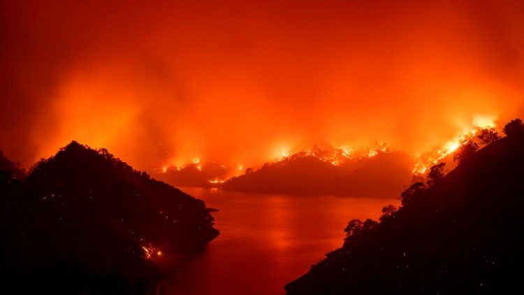 Flames surround Lake Berryessa in Napa, California