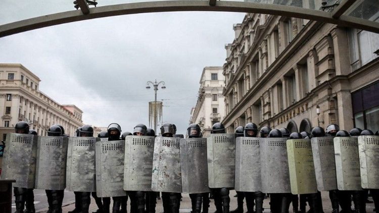Belarusian riot police block a street during Sunday's rally in Minsk