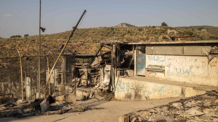 An image of the burnt Moria refugee camp