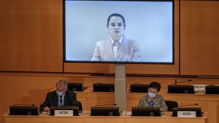 Belarus opposition leader Svetlana Tikhanouvskaya address the UN Human Rights Council