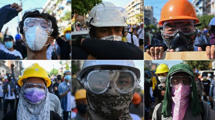 Diese Foto-Combi vom Montag zeigt burmesische Demonstranten in Schutzausrüstung