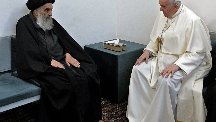 शिया धर्मगुरु ग्रैंड अयातुल्लाह अल-सिस्तानी के साथ सन्त पापा फ्राँसिस, 06.03.2021