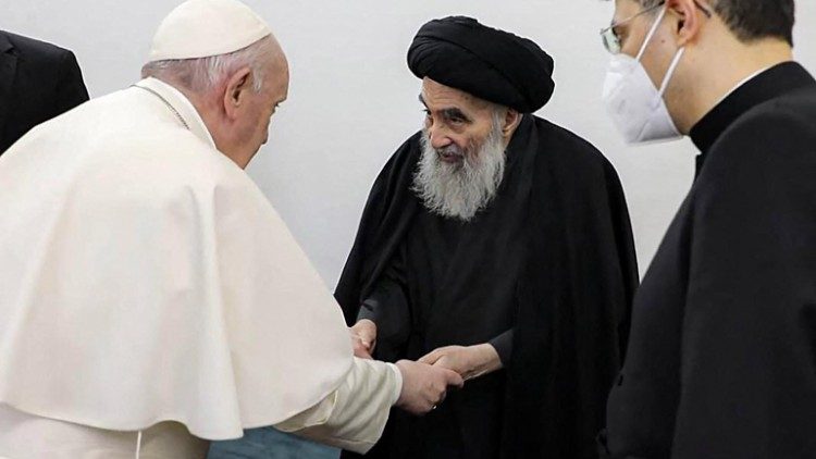 Franziskus bei seinem Treffen mit Schiitenführer Sistani im südirakischen Nadschaf