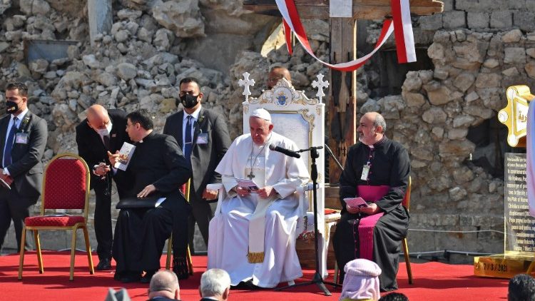Pope Francis speaks at the ruins if the Syriac Catholic Church of the Immaculate Conception