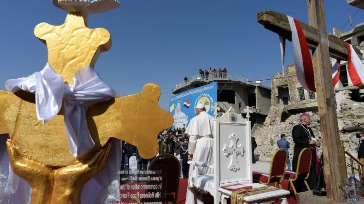 Pope Francis amongst the ruins of the Syriac Catholic Church of the Immaculate Conception in Mosul, Iraq