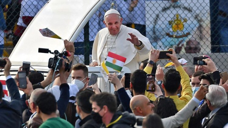 Pope Francis arrives at the Stadium in Erbil on 7 March