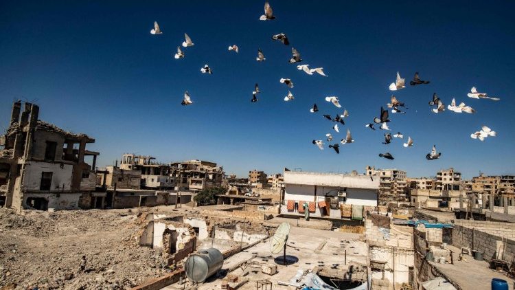 सीरिया के पूर्वी शहर राका में ध्वस्त घरों के ऊपर उड़ते कबूतर